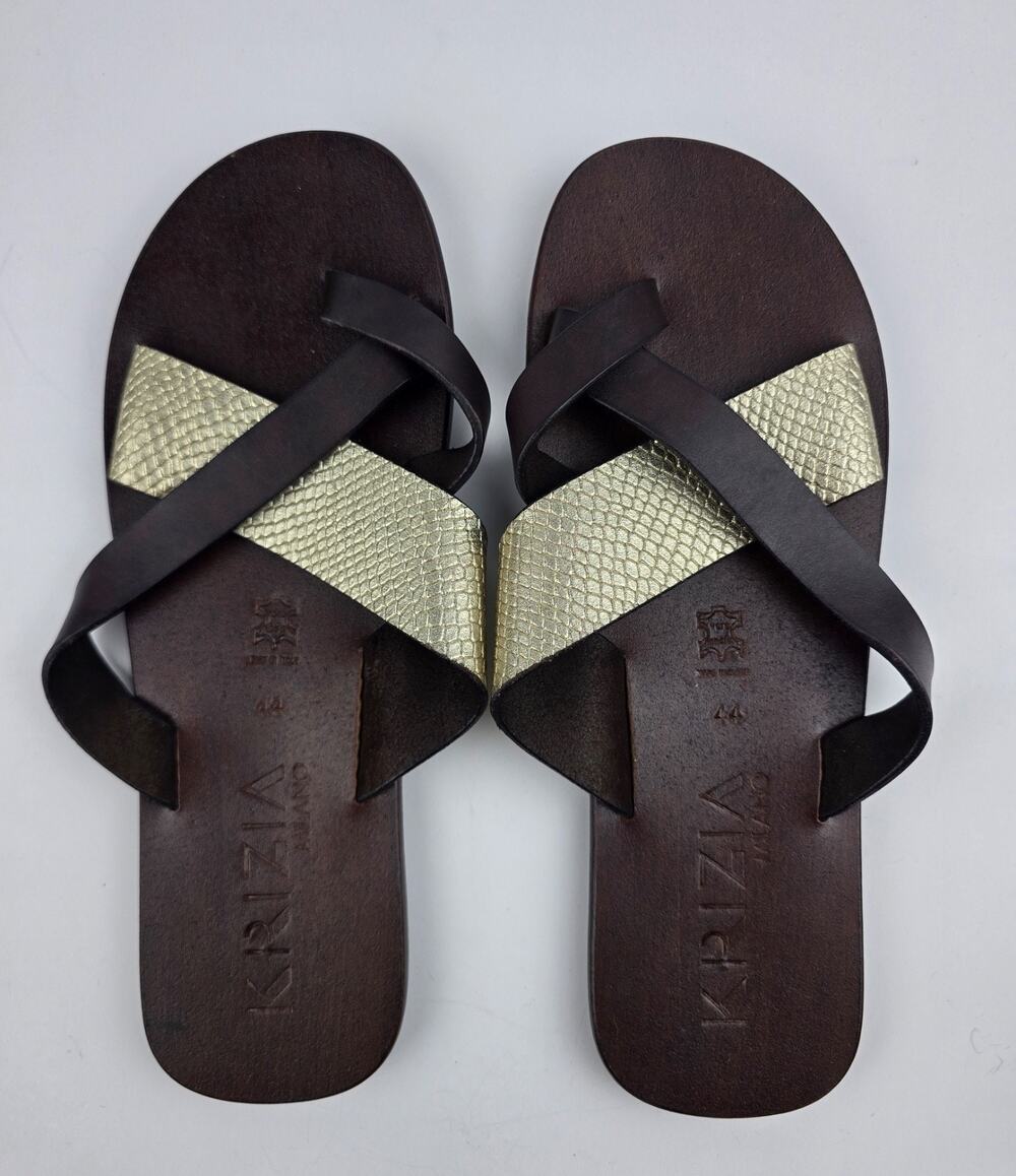 Men's Krizia Milano Brown & Gold leather slides toe loop Size 10.5 Made in Italy